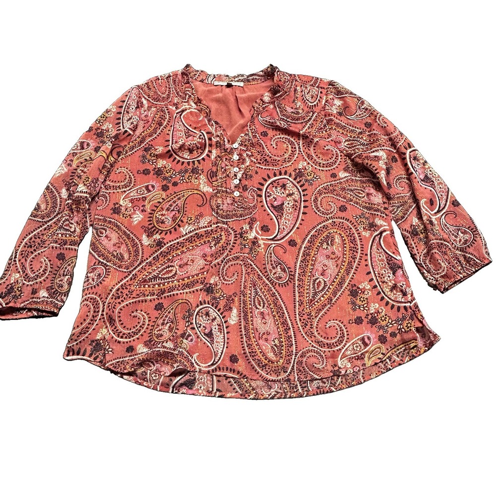 Daniel Rainn Paisley Blouse Size PL Top V-Neck Floral Pink Boho Y2K Ruffle Neck